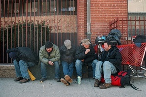 A group of homeless men chillin on Leonard street in Brooklyn, NY.