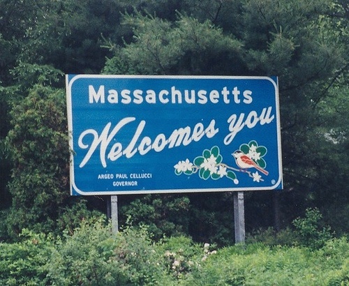 massachusetts welcomes you sign road trees