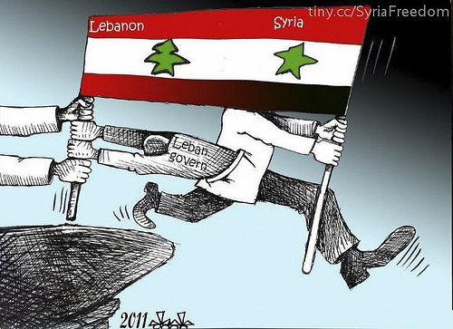 Lebanon Peace Activists Cartoon w Syria Marching Over Cliff Dragging