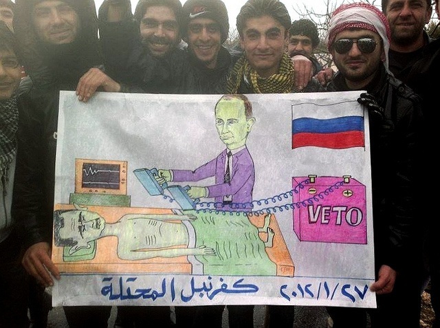 Russia Poster Putin Saving Assad - Sending Assad Planeload of Cash